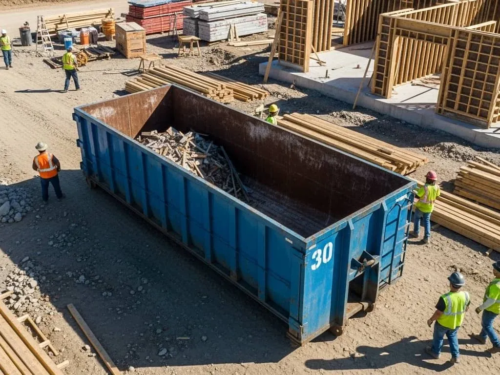 Construction debris dumpster rental Construction dumpster on a jobsite near New Bedford, MA