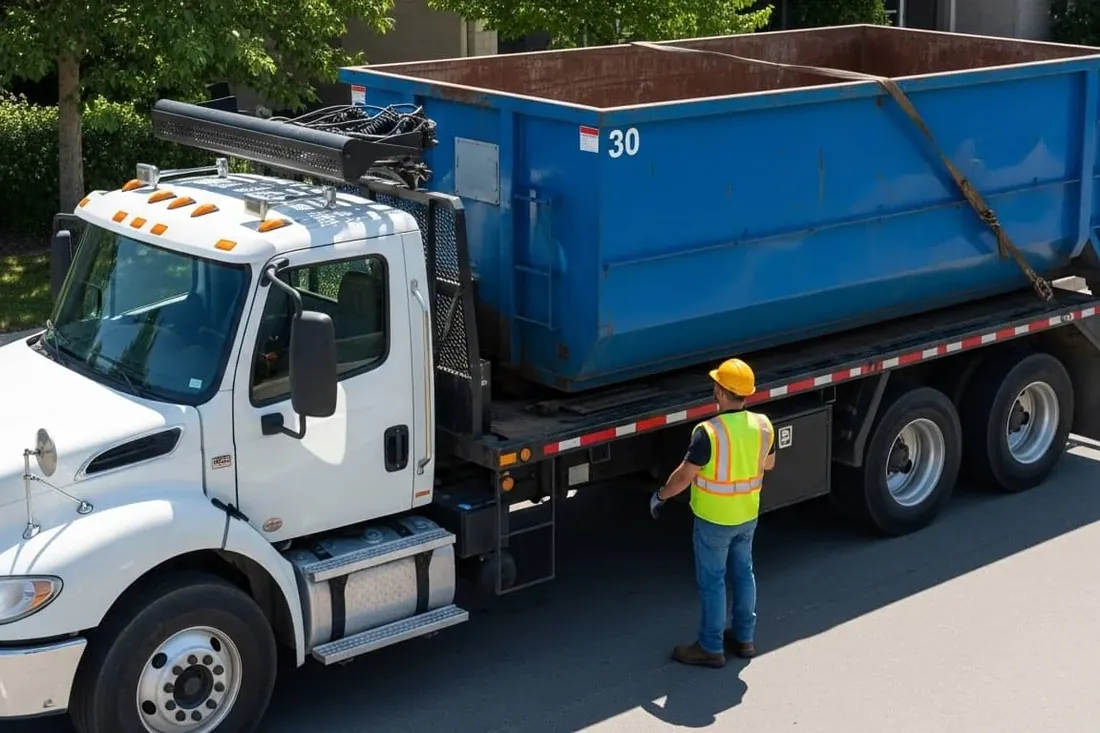 Our dumpster rental process in New Bedford Roll-off container being set on a New Bedford, MA property